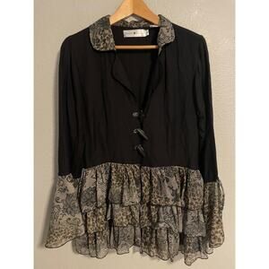 Rancho Estancia Jacket Womens Medium Black Mixed Media Print Ruffle Hem Whimsy